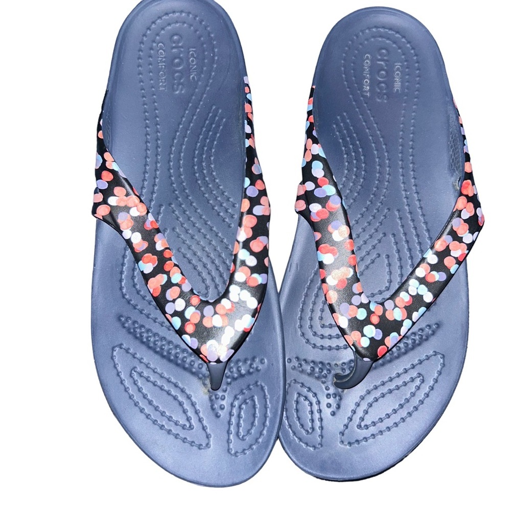 Crocs Kadee II Sandals Women’s graphic Flip Flops Slip On size 6 navy